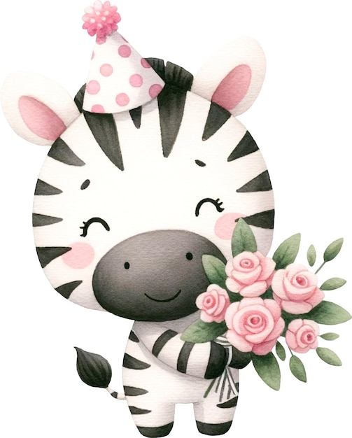 Caprichoso personagem zebra boné de aniversário buquê de rosas aquarela isolado em branco