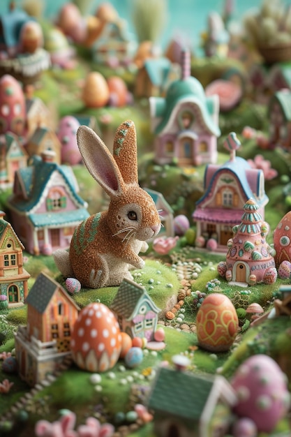 Foto un caprichoso pueblo de conejitos de pascua en 3d