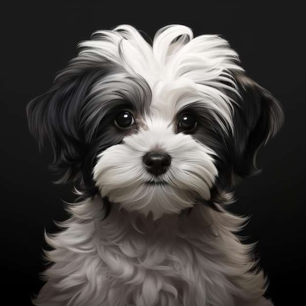 Caprichoso retrato de perro maltés en blanco y negro sobre un fondo negro