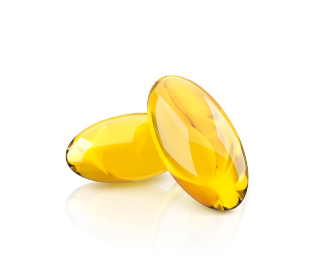 Cápsula de aceite dorado de vitamina AE Omega 3 o colágeno Maqueta realista vectorial de píldora médica con grasa de pescado o aceite cosmético orgánico Comprimidos amarillos claros aislados sobre fondo transparente 3d rend