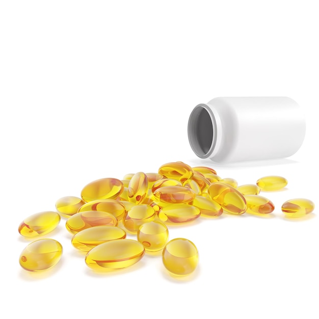 Cápsula de aceite de pescado Omega y frasco de pastillas en una ilustración 3d de fondo blanco