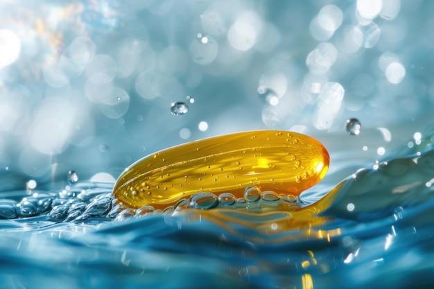 Cápsula amarela debaixo d'água Vitamina Omega3 caindo na água