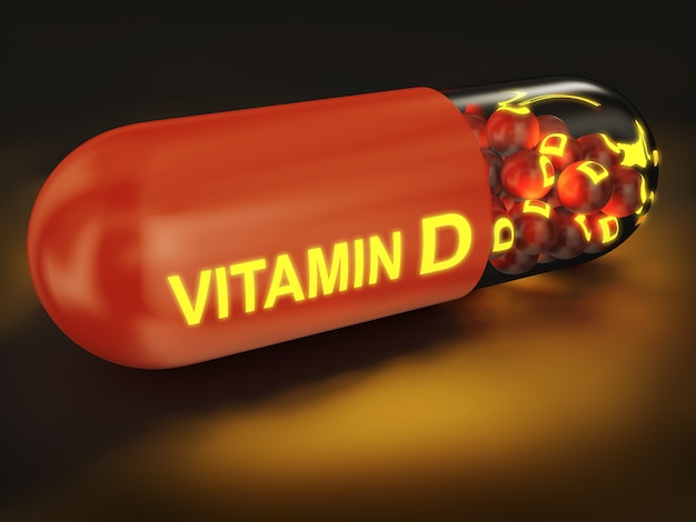 Cápsula com inscrição brilhante de vitamina d. renderização 3d.