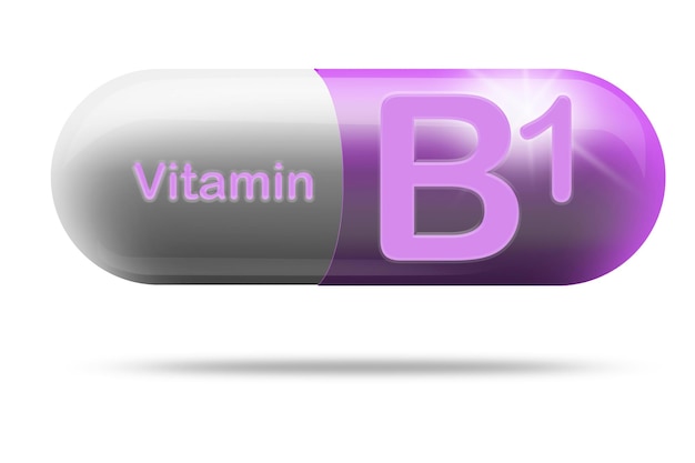 Cápsula de medicamento vitamina B1 para conceito de suplemento dietético