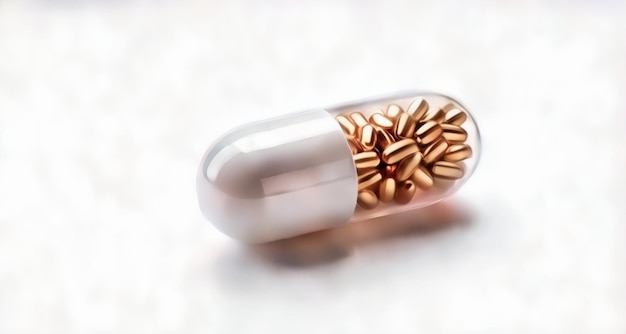 Cápsula de pílula com sementes douradas no interior simbolizando saúde e vitalidade