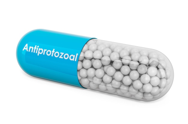 Cápsula de fármaco antiprotozoario con representación 3D antiprotozoario aislada sobre fondo blanco