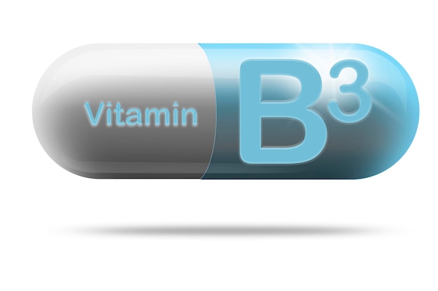 Cápsula de medicamento de vitamina B3 para el concepto de suplemento dietético