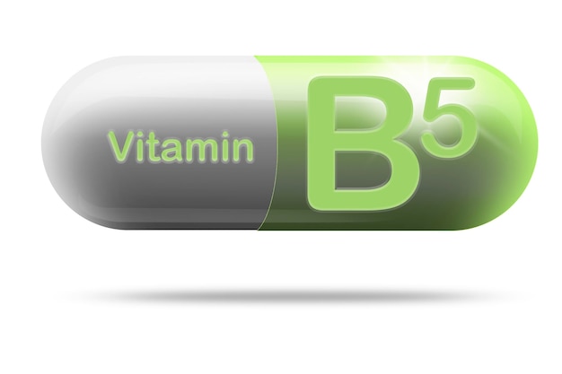 Cápsula de medicamento de vitamina B5 para el concepto de suplemento dietético