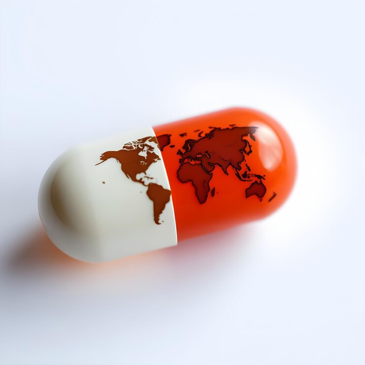 Capsula de salud global Concepto farmacéutico innovador con mapa del mundo en la píldora