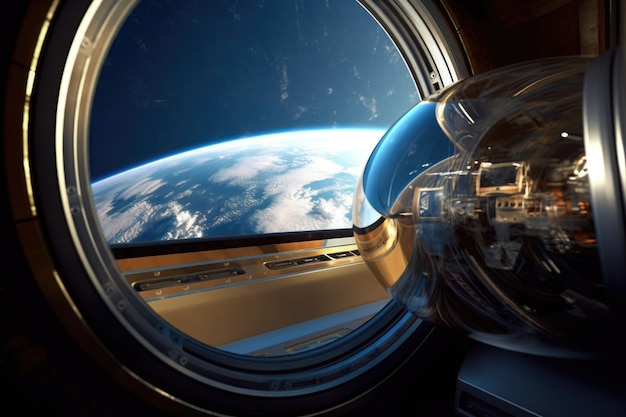 Capsula de turismo espacial con el reflejo de la Tierra en la ventana creada con IA generativa