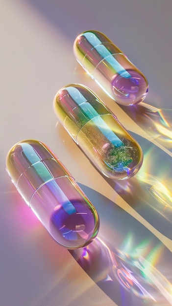 Capsulas de arco iris futuristas en una superficie brillante