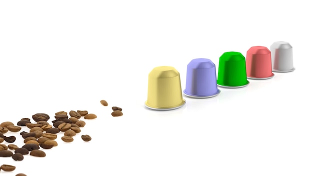 Foto cápsulas de café de colores y granos de café aislado sobre fondo blanco.