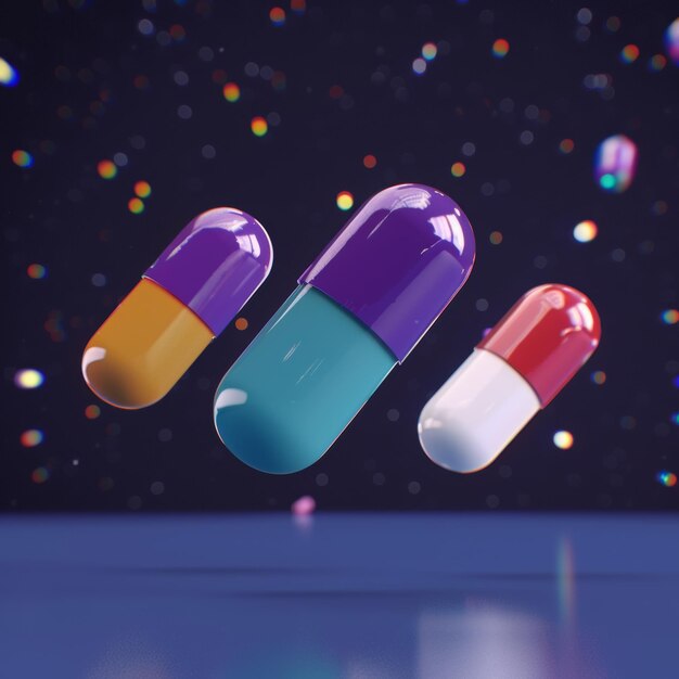 Capsulas coloridas de vitaminas flutuando no cosmos contra um fundo azul