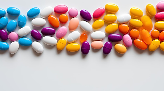 Foto cápsulas y comprimidos de medicamentos de colores sobre fondo blanco