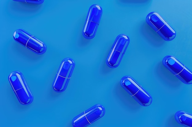 Capsulas de comprimidos azuis caindo em fundo azul Antibióticos