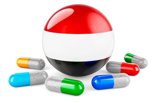 Cápsulas de pílulas com a bandeira iemenita em 3D
