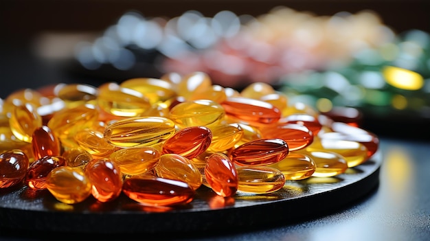 Cápsulas de vitamina ômega 3, vida saudável, suplementos nutricionais para um anúncio de farmácia