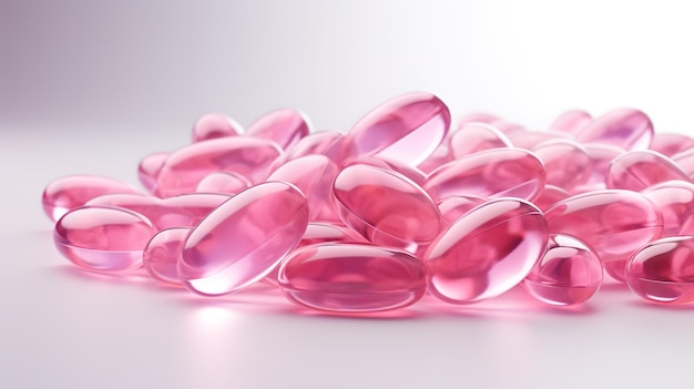 Cápsulas de vitaminas cor-de-rosa sobre um fundo branco IA generativa