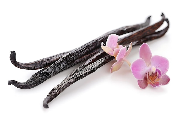 Capsulas e flores de baunilha isoladas em fundo branco