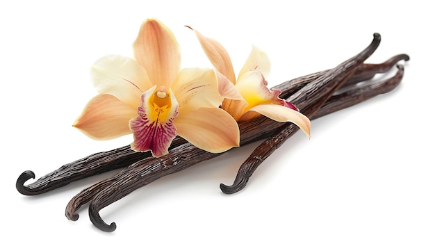 Capsulas e flores de baunilha isoladas em fundo branco
