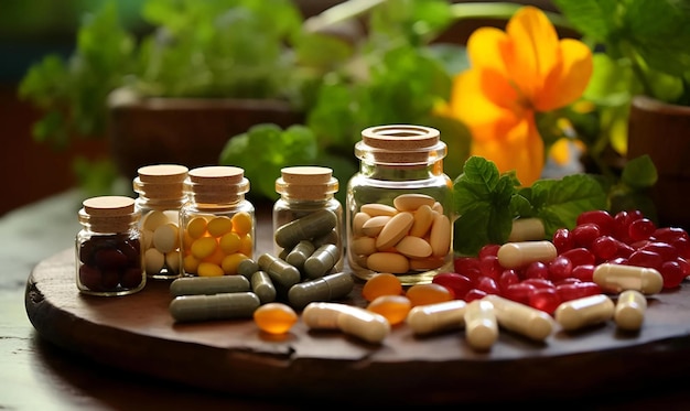 Foto cápsulas de hierbas y vitaminas alimentos saludables que nutren el cuerpo y tratan enfermedades ejemplo médico