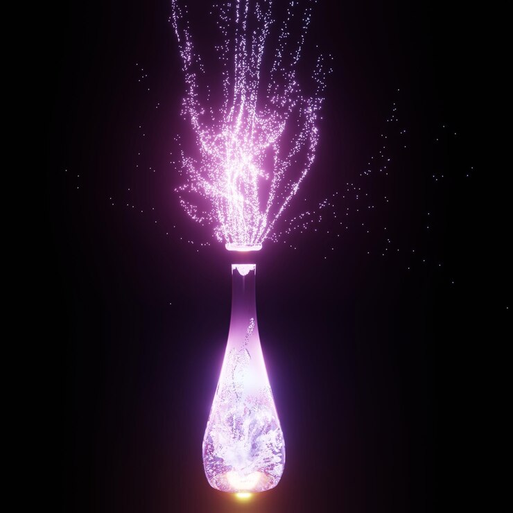 Foto las cápsulas de luz salen de la botella que brilla como magia polvo fluorescente multicolor abstracto púrpura rosa rojo y azul partículas brillantes renderización 3d