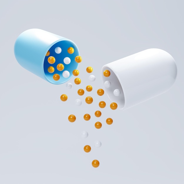 Cápsulas de medicina farmacéutica con gránulos 3d render Pastillas medicamentos medicina atención médica