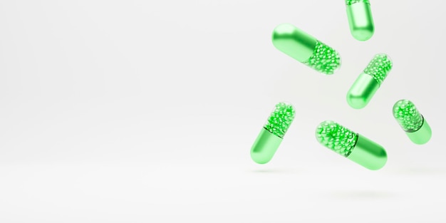 Cápsulas medicinales pastillas verdes Fondo con copia espacio 3d renderizado