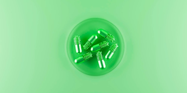 Cápsulas medicinales pastillas verdes en laboratorio Vista superior renderizado 3d