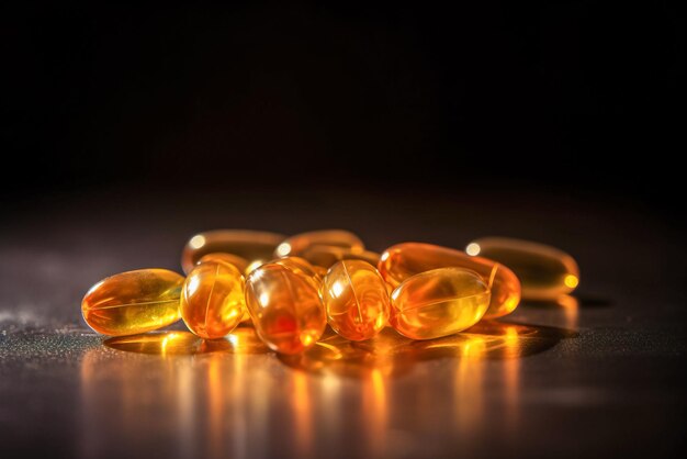 Cápsulas de omega 3 sobre mesa de madera Primer plano Enfoque selectivo IA generativa