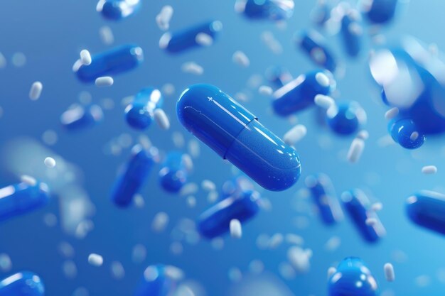 Capsulas de pastillas azules que caen sobre un fondo azul Antibióticos