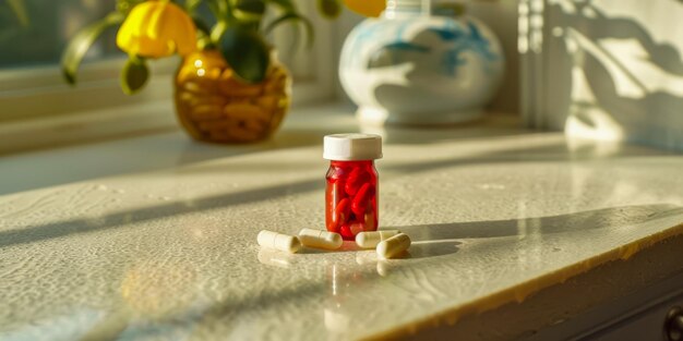 Capsulas y pastillas iluminadas por el sol en un alféizar con sombras de plantas