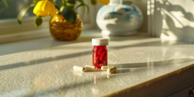 Capsulas y pastillas iluminadas por el sol en un alféizar con sombras de plantas