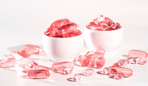 Cápsulas transparentes rosa Suplemento alimentar óleo de peixe cheio de óleo ômega 3 ômega 6 ômega 9 vitamina A