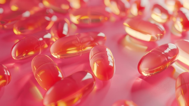 Cápsulas vermelhas de omega-3 espalhadas sobre uma superfície rosa