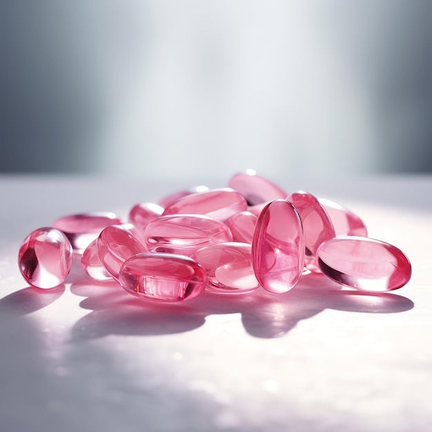 Cápsulas de vitaminas rosadas sobre un fondo blanco IA generativa