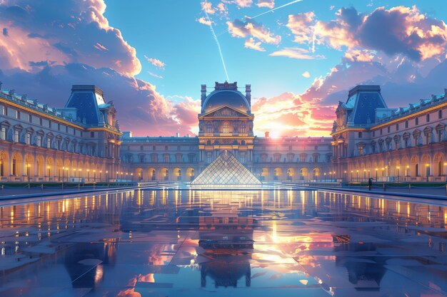 Captador amanecer generado por la IA sobre el Louvre mostrando un reflejo sereno en el arte de mezcla de agua