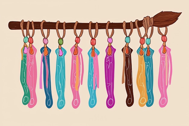 Captadores de sueños coloridos colgando de una rama