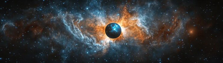 Captivador cuerpo celeste rodeado de encantadoras nubes de gas con espacio para copiar texto
