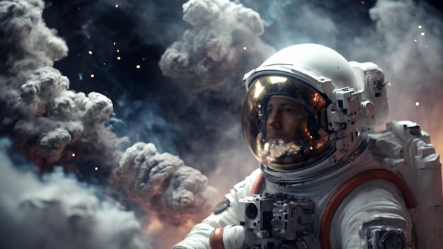 Captivadora escena en 4K de un valiente astronauta en un traje espacial con humo blanco y realista