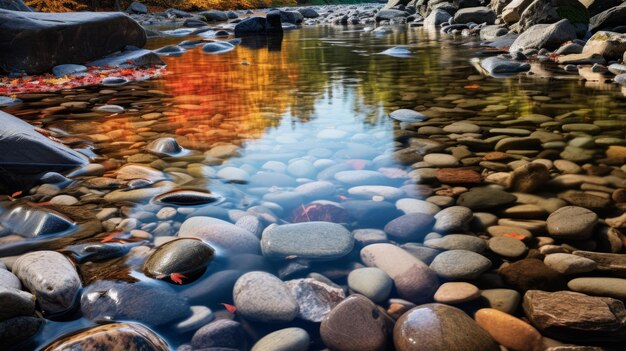 Captivadora fotografía de otoño de la corriente del lago Crescent con pequeñas piedras del río