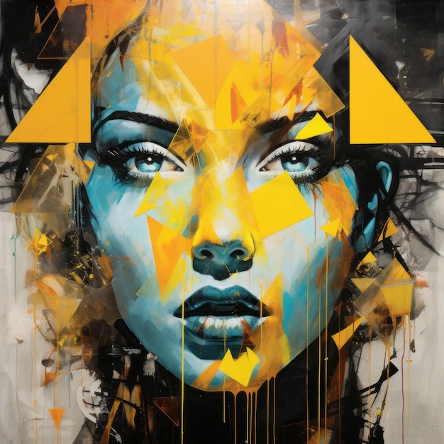 Foto captivadora pintura abstracta con una mujer con triángulos amarillos