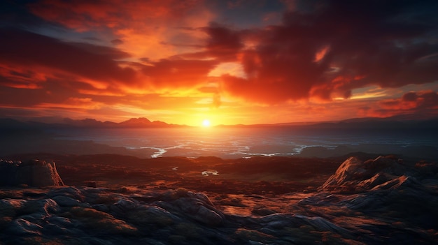 Captivadora vista de gran ángulo de una hermosa puesta de sol mágica