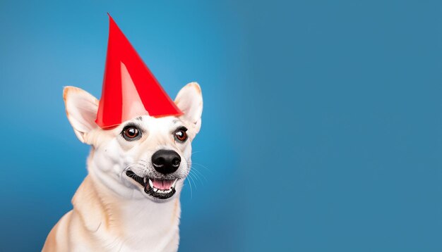 Foto captura la adorable alegría canina en un aviso con un lindo perro que se pone un sombrero rojo de fiesta y sopla