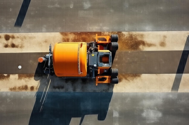 Captura aérea cativante O compactador de rolo de asfalto laranja vibrante desliza sobre terras recém-pavimentadas