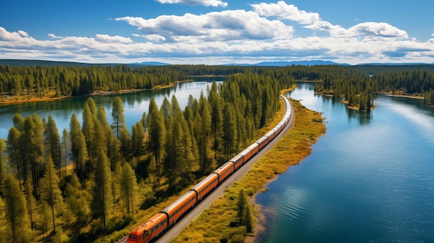 Foto captura aérea da odisseia siberiana da ferrovia transsiberiana serpenteando através do trem da taiga