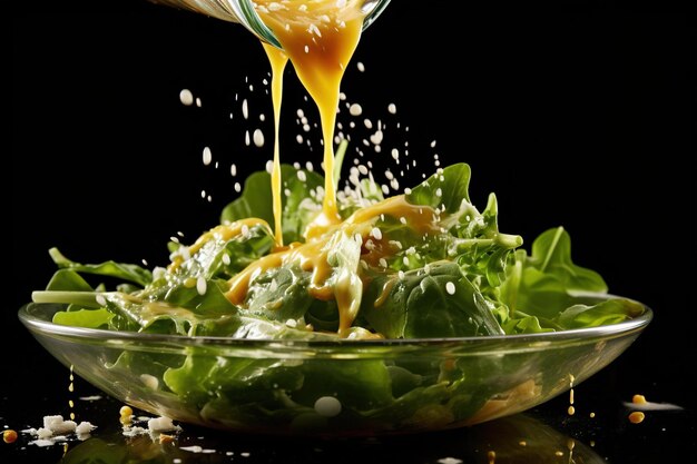 Foto captura a alta velocidad del aderezo de ensalada que se vierte en una ensalada verde