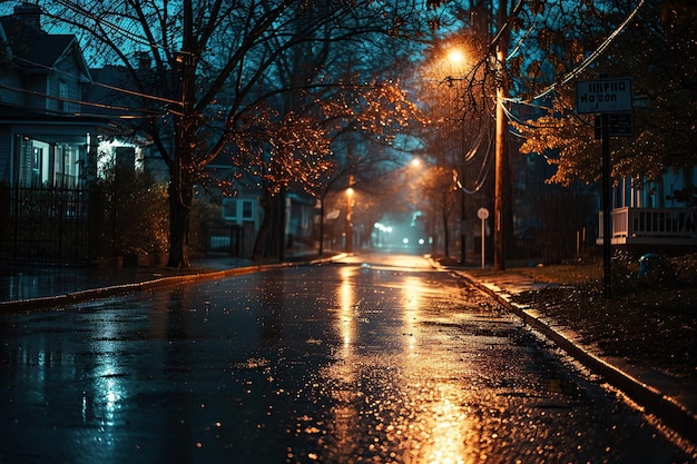 Captura el ambiente cinematográfico de una calle residencial inmersa en la lluvia nocturna que transmite mística y serenidad