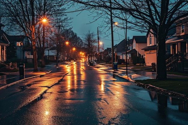 Foto captura el ambiente cinematográfico de una calle residencial inmersa en la lluvia nocturna que transmite mística y serenidad