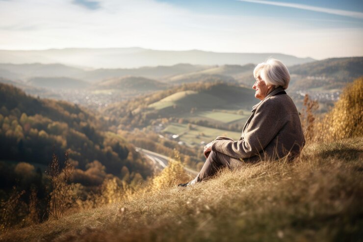 Captura de una anciana sentada en la ladera de una colina disfrutando de la vista creada con IA generativa